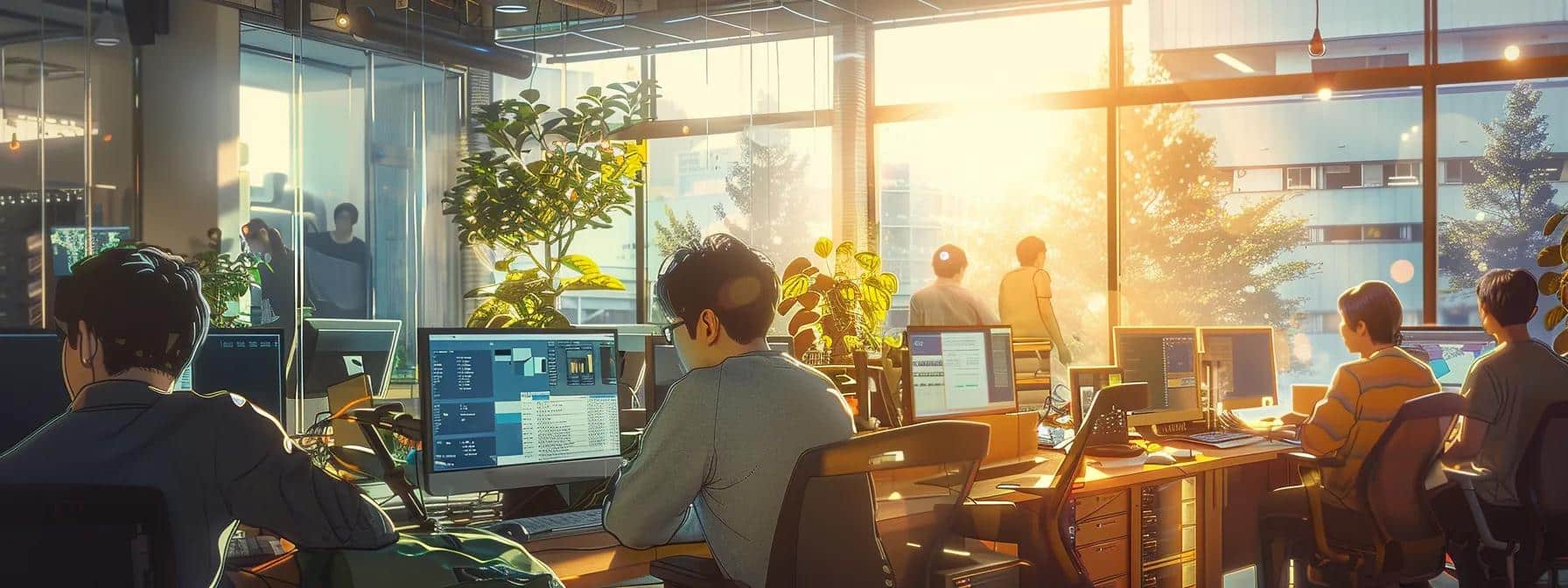 a modern office environment showcases a diverse team of it professionals collaborating over sleek computer servers, highlighting the effectiveness and affordability of managed it services in a dynamic and technology-driven atmosphere.