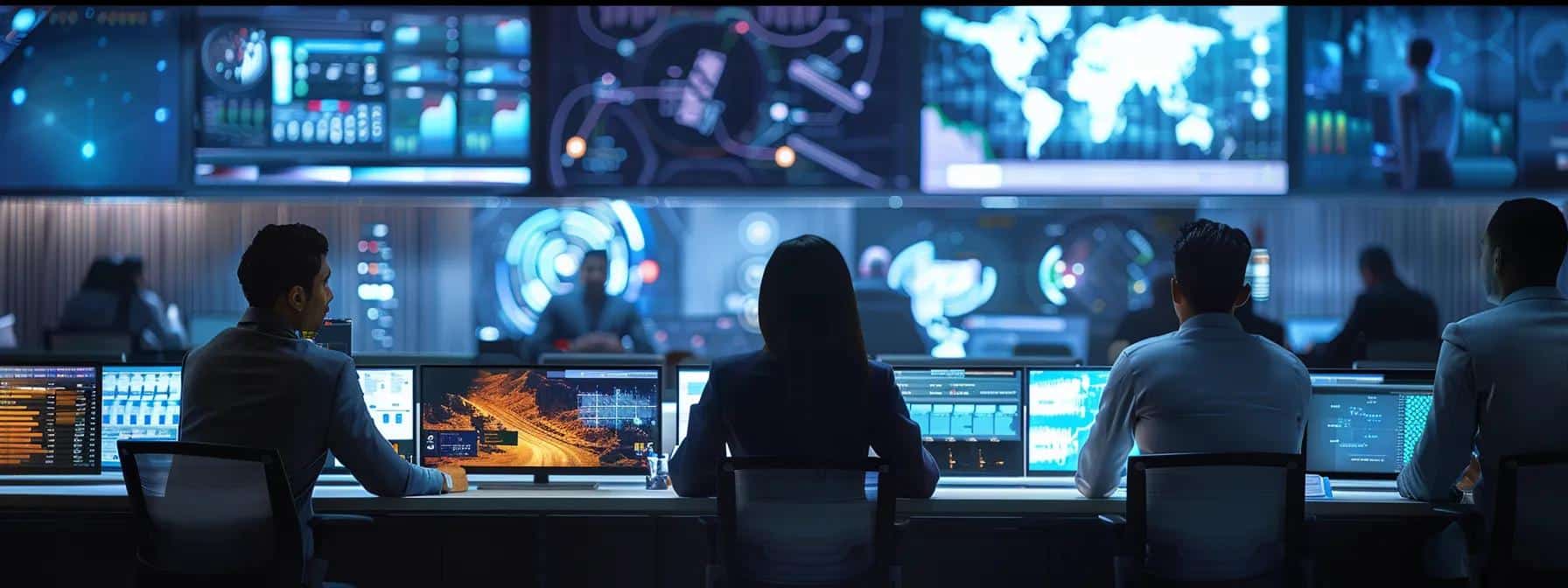 a modern office environment featuring a diverse team of it professionals energetically collaborating around a sleek conference table, surrounded by high-tech monitors displaying cloud computing analytics and digital transformation strategies, highlighting the impact of managed it services on business growth.