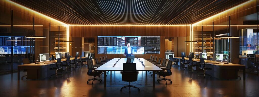 a modern office environment showcases a diverse team of it professionals collaborating intensively around a sleek conference table, with high-tech servers and digital screens displaying analytics and maintenance solutions in the background, conveying a dynamic atmosphere of innovation and efficiency.