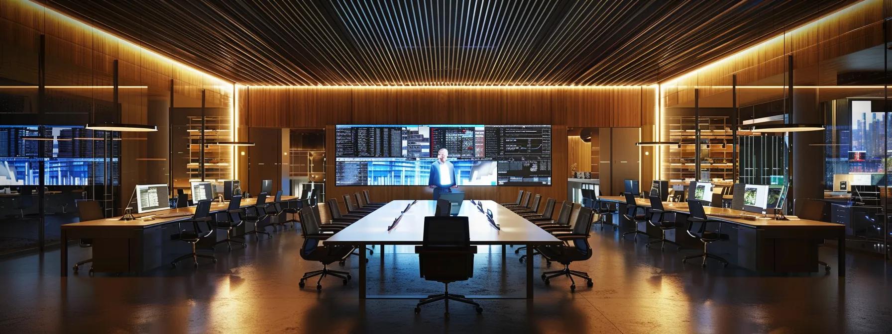 a modern office environment showcases a diverse team of it professionals collaborating intensively around a sleek conference table, with high-tech servers and digital screens displaying analytics and maintenance solutions in the background, conveying a dynamic atmosphere of innovation and efficiency.