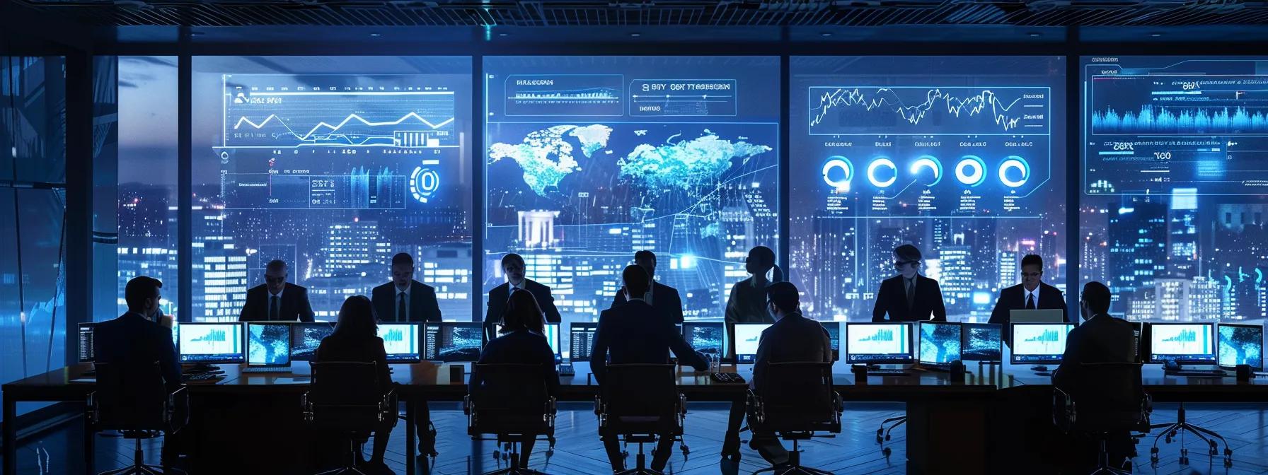 a modern office environment showcases a diverse team of it professionals collaborating over a sleek conference table, analyzing performance metrics on digital screens while discussing managed service strategies, illuminated by ambient lighting that highlights their focused expressions.