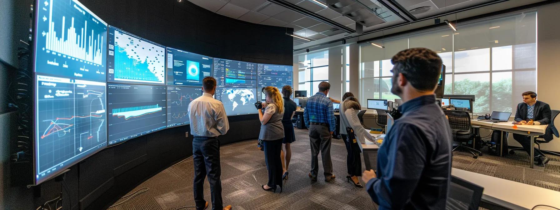 a modern office setting features a diverse group of it professionals gathered around a digital display, intently analyzing data charts and server performance metrics, highlighting a collaborative approach to finalizing a strategic msp partnership decision.