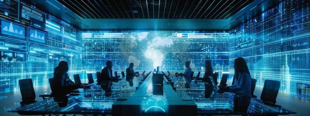 a modern office space features it professionals engaged in collaborative discussions over a sleek conference table, with high-tech servers and digital interfaces prominently displayed in the background, highlighting the theme of local managed service providers.