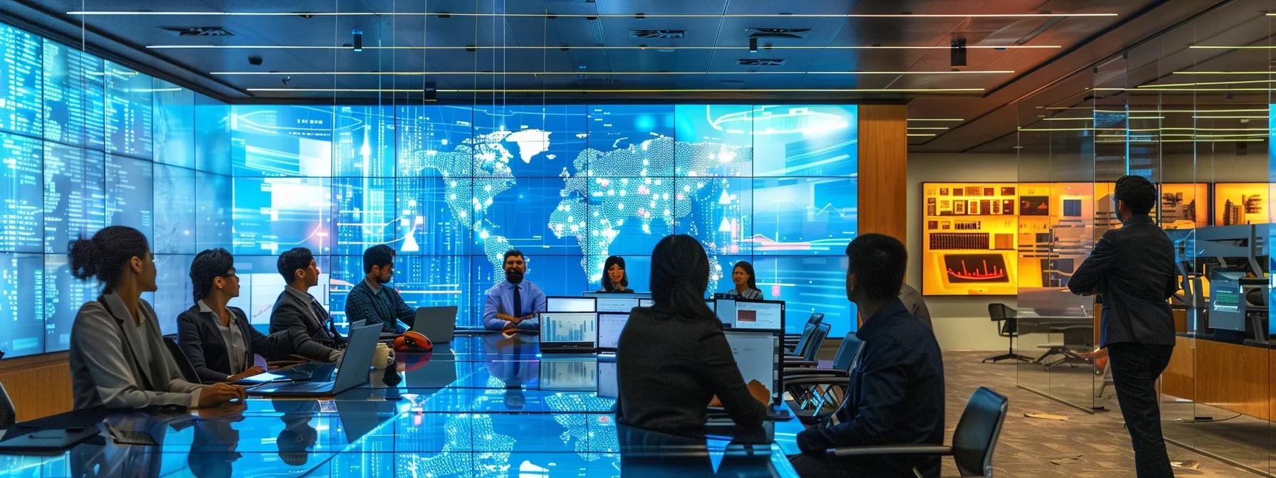 a modern office space features a diverse team of it professionals collaborating around a sleek conference table, with large screens displaying vibrant data visualizations and servers in the background, illuminated by dynamic artificial lighting reflecting a high-tech atmosphere.