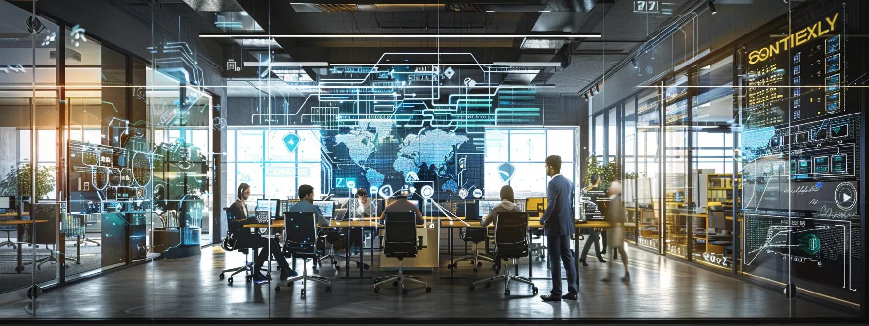 a modern office space showcases a diverse group of it professionals collaborating over network diagrams, with sleek servers and digital screens displaying cybersecurity metrics in the background, emphasizing efficiency and innovation in managed it services.