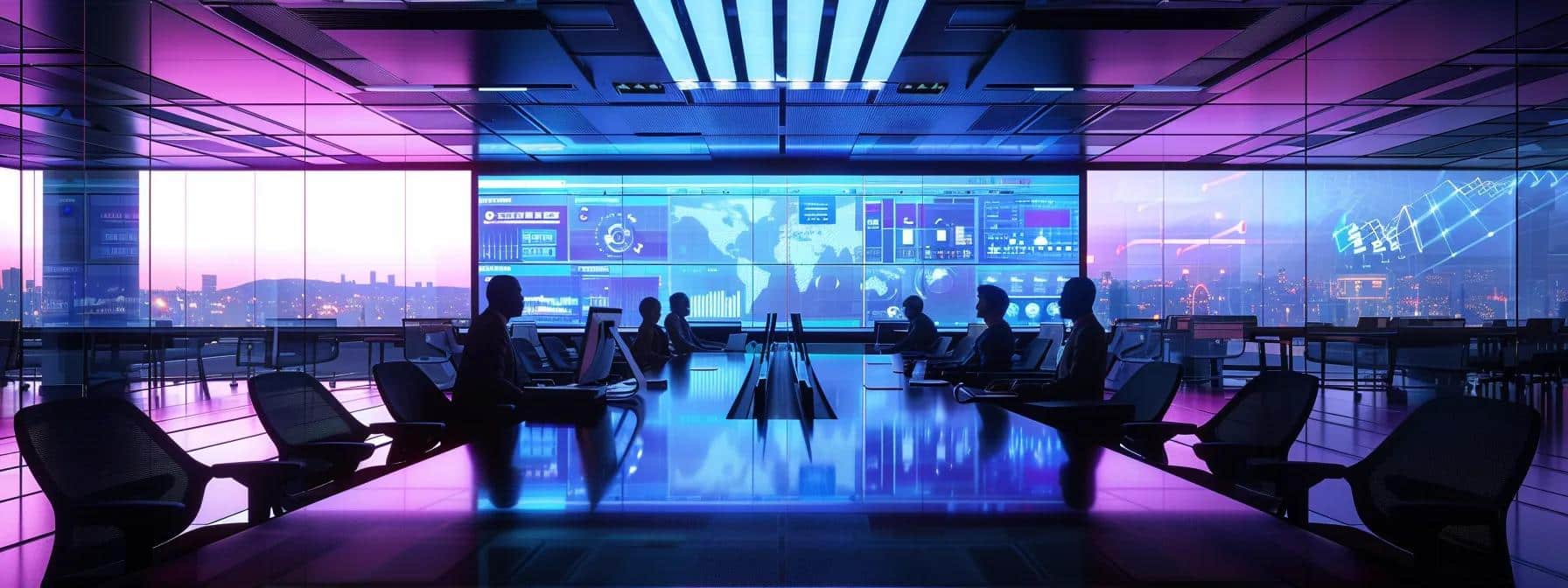 a sharply focused corporate setting showcases a diverse team of it professionals collaborating around a sleek conference table, with large digital displays illustrating real-time data analytics and progress metrics, emphasizing the transformative impact of continuous it support on business efficiency.
