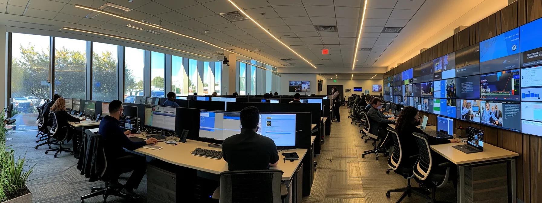 a sleek, modern it office bustling with cybersecurity professionals collaboratively monitoring multiple high-tech screens displaying real-time security alerts and data analytics, highlighting the essence of continuous security monitoring in managed services.