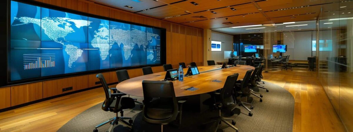 a sleek, modern office conference room showcases a diverse team of it professionals engaged in a dynamic discussion, analyzing a large digital screen displaying comparative graphs of managed service provider costs for small and large businesses against the backdrop of sophisticated server hardware.