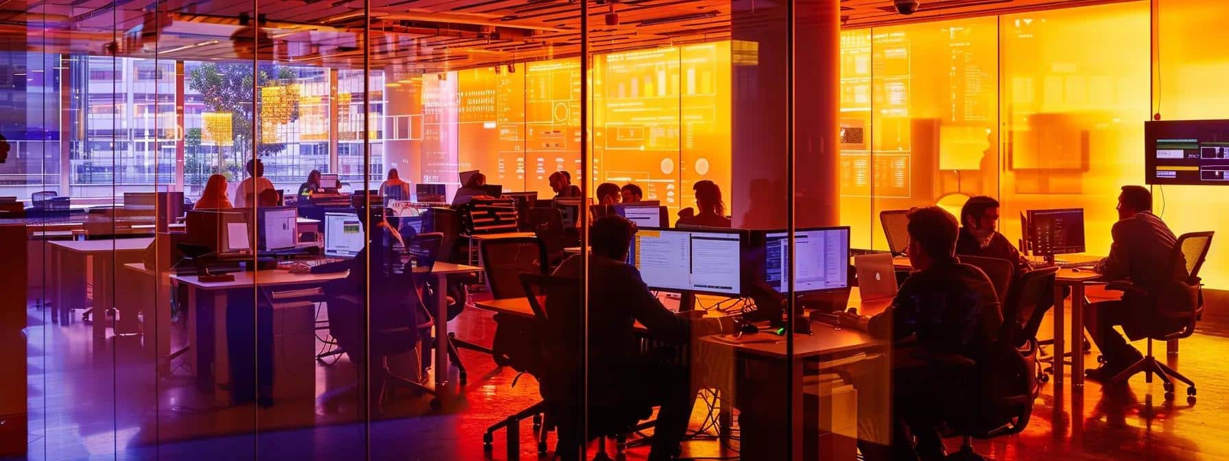 a sleek, modern office environment showcases a group of it professionals intently collaborating around advanced server technology, illuminated by the glow of multiple screens displaying cybersecurity data and analytics, emphasizing the critical role of managed services in enhancing business cybersecurity.