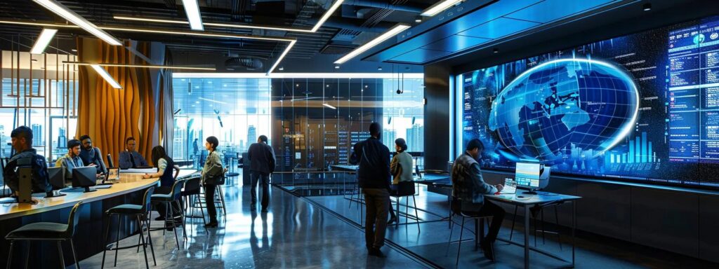 a modern office environment showcases a diverse team of it professionals collaborating around a sleek conference table, with high-tech servers and digital displays illuminating the space, emphasizing the strategic advantages of outsourcing it services.