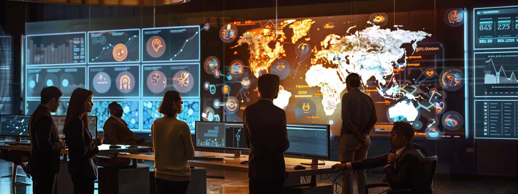 a sleek, modern office environment featuring it professionals engaged in a collaborative strategy session around a high-tech digital display, analyzing incident response data and discussing cybersecurity protocols.