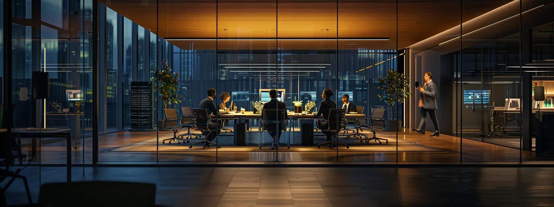 a sleek, modern office environment showcases a diverse team of it professionals collaborating around high-tech servers, illuminated by soft, focused lighting that emphasizes their strategic discussions on optimizing financial resources and enhancing efficiency through 24/7 support.