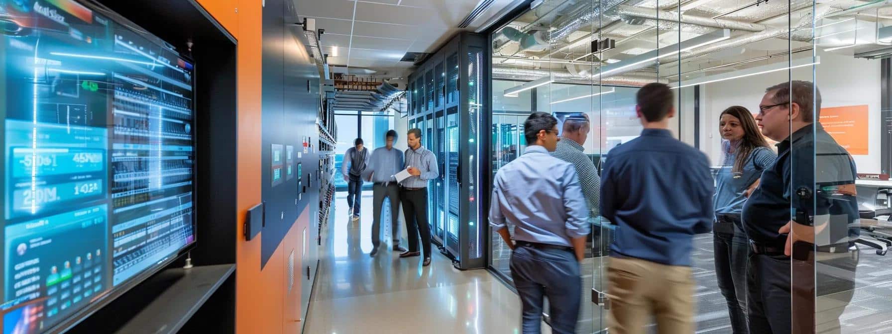 a sleek, modern office environment showcases a diverse group of it professionals collaborating intently around a large digital display, analyzing comprehensive maintenance plans while surrounded by server racks and high-tech equipment, emphasizing proactive strategies to enhance business it infrastructure.