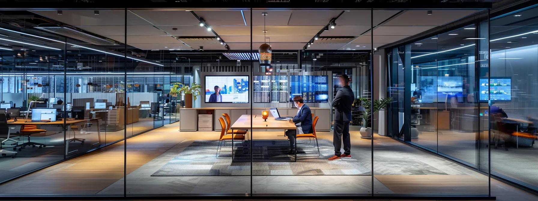 a sleek, modern office environment showcases it professionals collaborating around a high-tech server setup, surrounded by digital displays illustrating seamless integration between managed it services and various business systems.