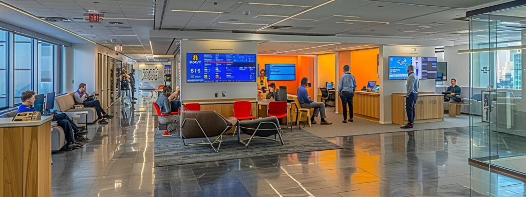 a sleek, modern office filled with diverse it professionals engaged in a collaborative discussion around advanced cybersecurity server setups, illuminated by vibrant led screens displaying security analytics.