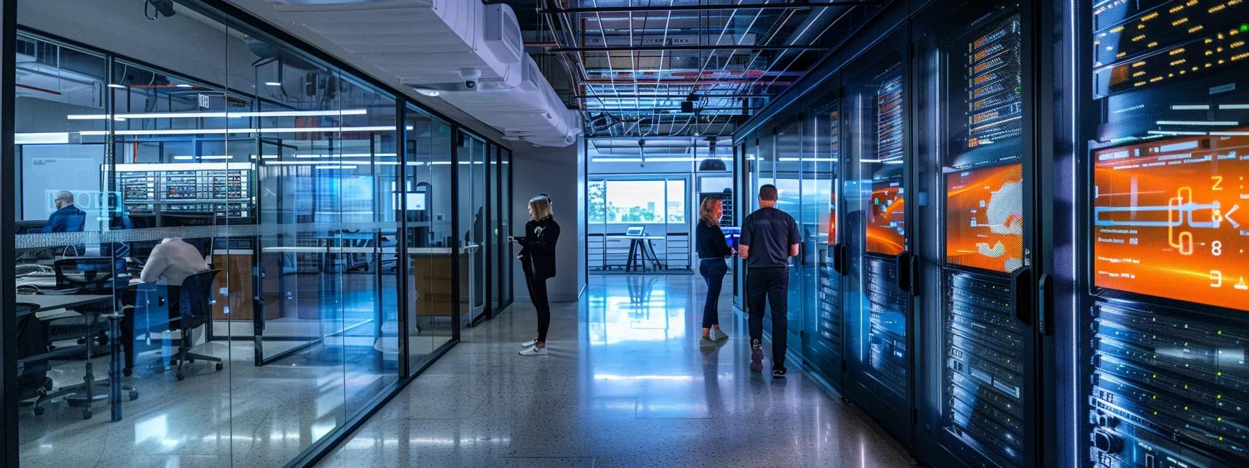 a sleek, modern office space filled with it professionals engaged in a lively discussion, surrounded by server racks and digital displays showcasing a comparison of managed service provider pricing models tailored for different business sizes.