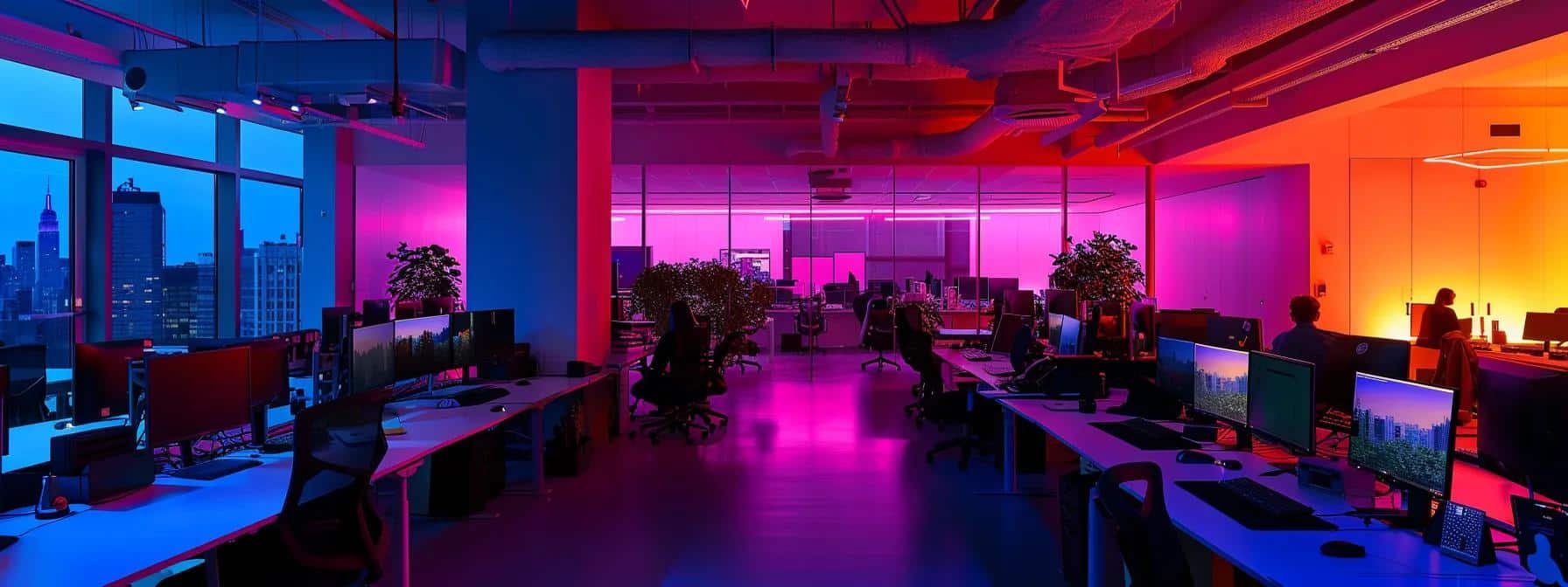 a vibrant office environment showcases a diverse team of it professionals collaboratively troubleshooting servers, illuminated by the glow of multiple screens, emphasizing the dynamic support that boosts business productivity at any hour.