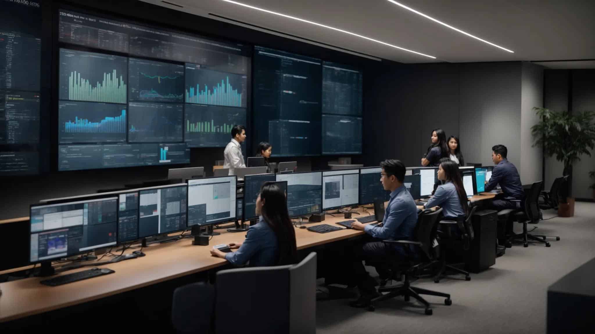 a bustling modern office environment features it professionals collaborating around a large digital display, analyzing real-time server data and support metrics to ensure robust service delivery and operational continuity.