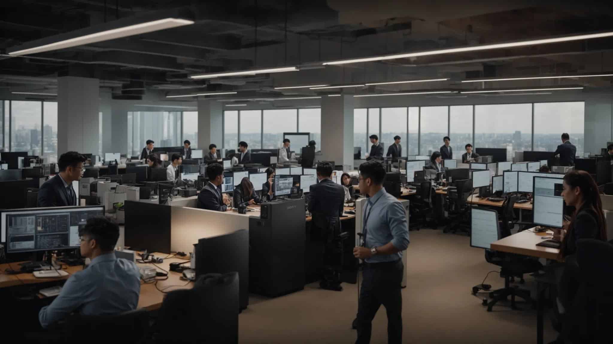 a bustling modern office environment showcases it professionals engaged in collaborative discussions around advanced server equipment, highlighting the strategic significance of local it support for enhancing business productivity and security.