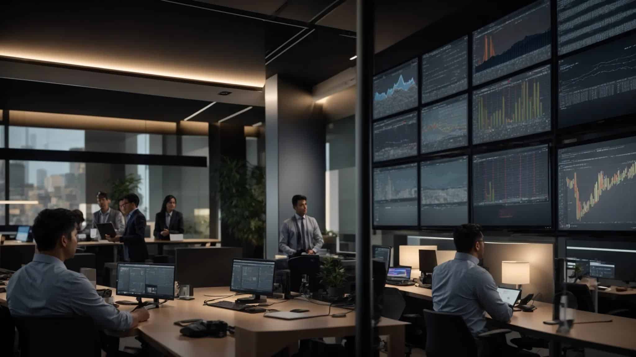 a dynamic, modern office environment showcases it professionals engaged in collaborative discussions around advanced server technology, with visualizations of diverse pricing models and strategic management insights displayed on sleek digital screens.