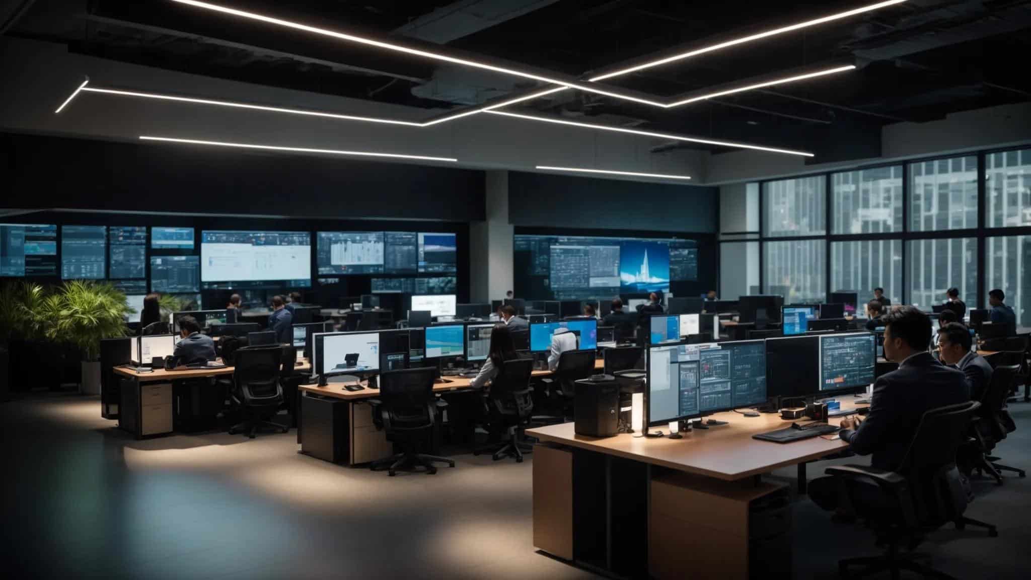 a dynamic office environment featuring it professionals engaged in collaborative discussions around advanced server equipment, showcasing high-tech monitors displaying analytics and project timelines, all under vibrant overhead lighting that emphasizes their focused expressions and modern workspace.