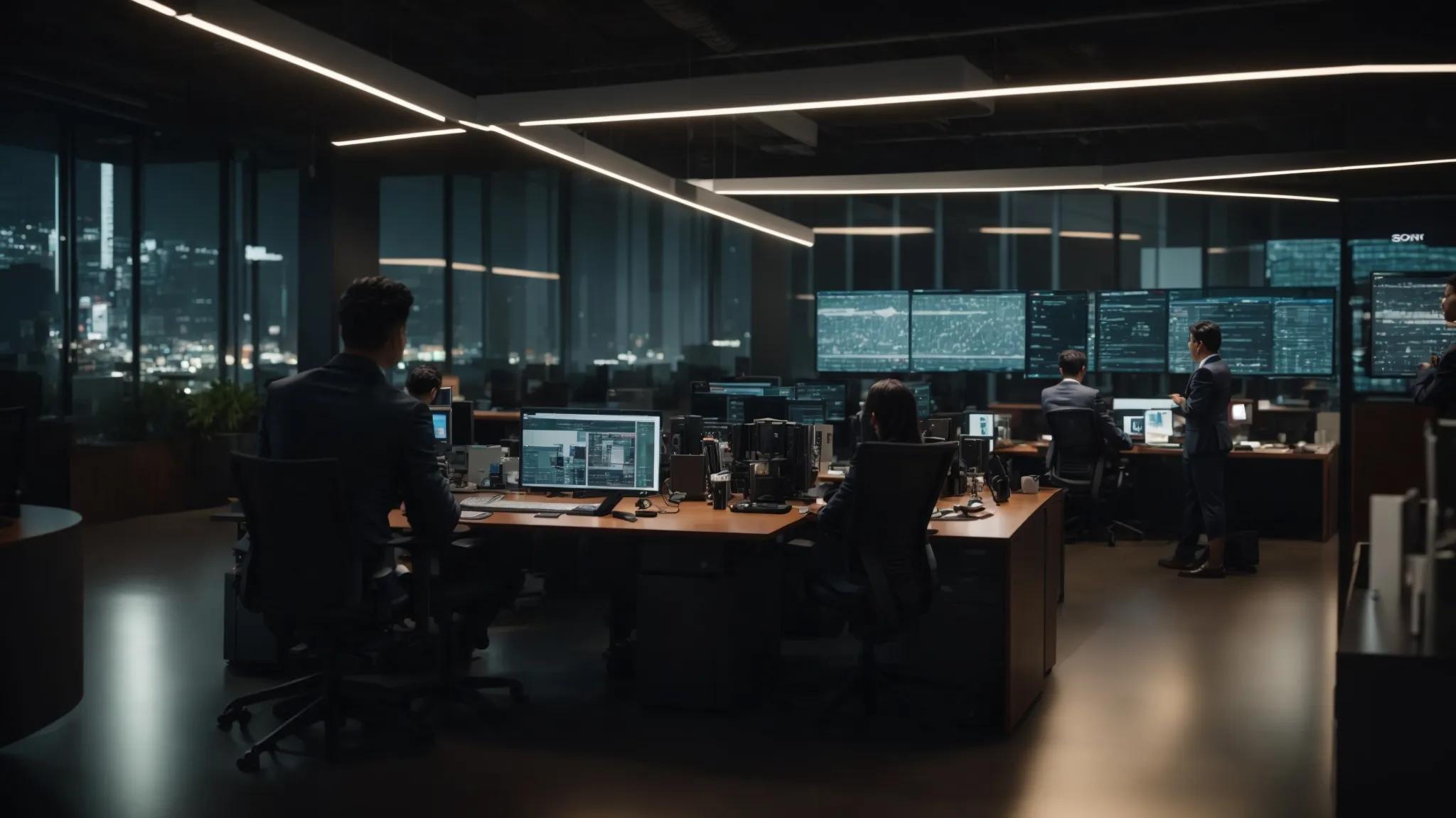 a dynamic office environment showcases it professionals collaborating around sophisticated servers, surrounded by advanced cybersecurity tools, as they engage in strategic discussions on personalized, rapid-response cybersecurity services for small businesses.