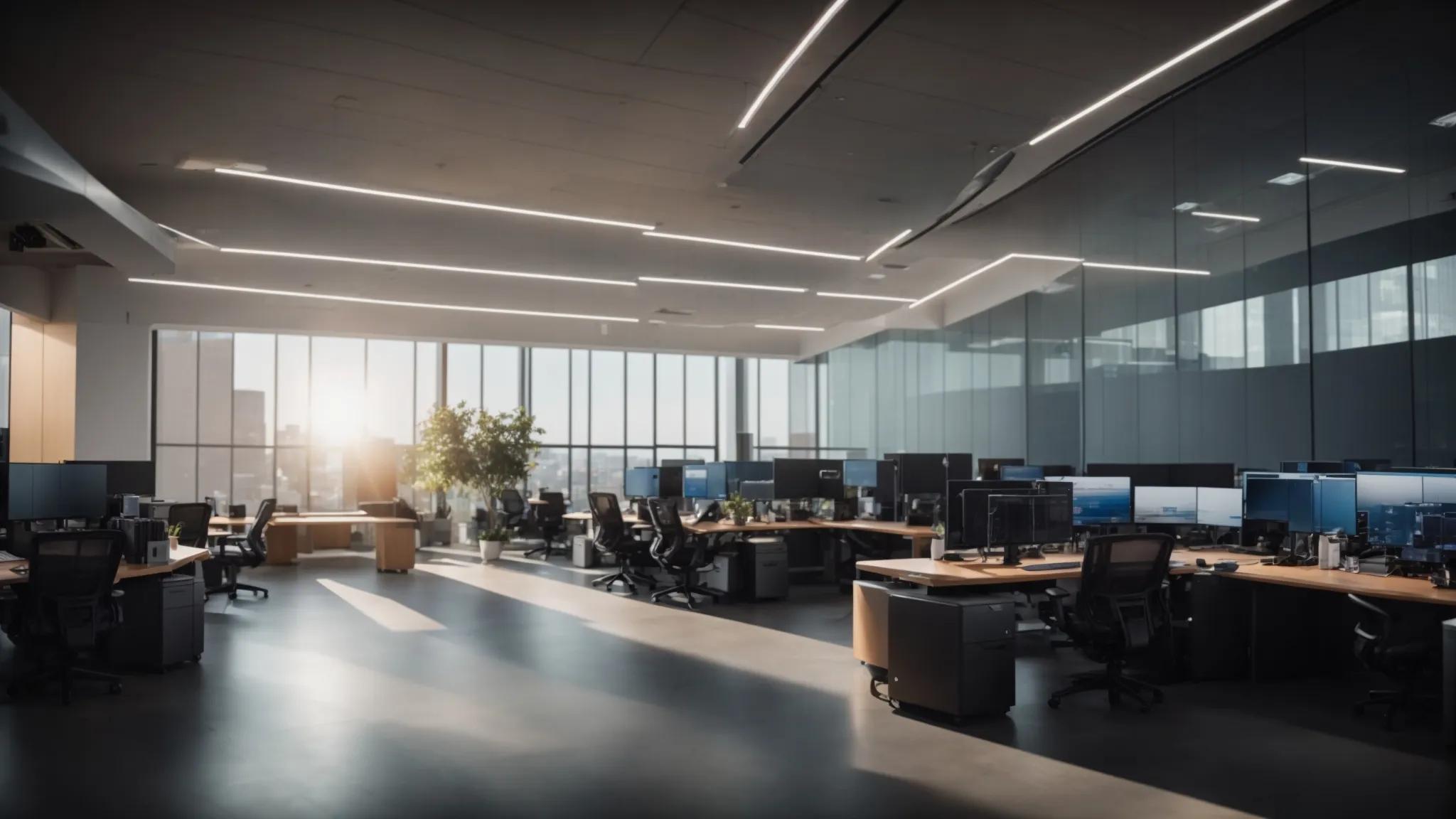 a dynamic office environment showcases a diverse team of it professionals collaborating over advanced servers, with sleek technology and modern workstations emphasizing the shift of it from a cost center to a strategic asset, illuminated by bright, focused lighting for a sense of innovation and efficiency.