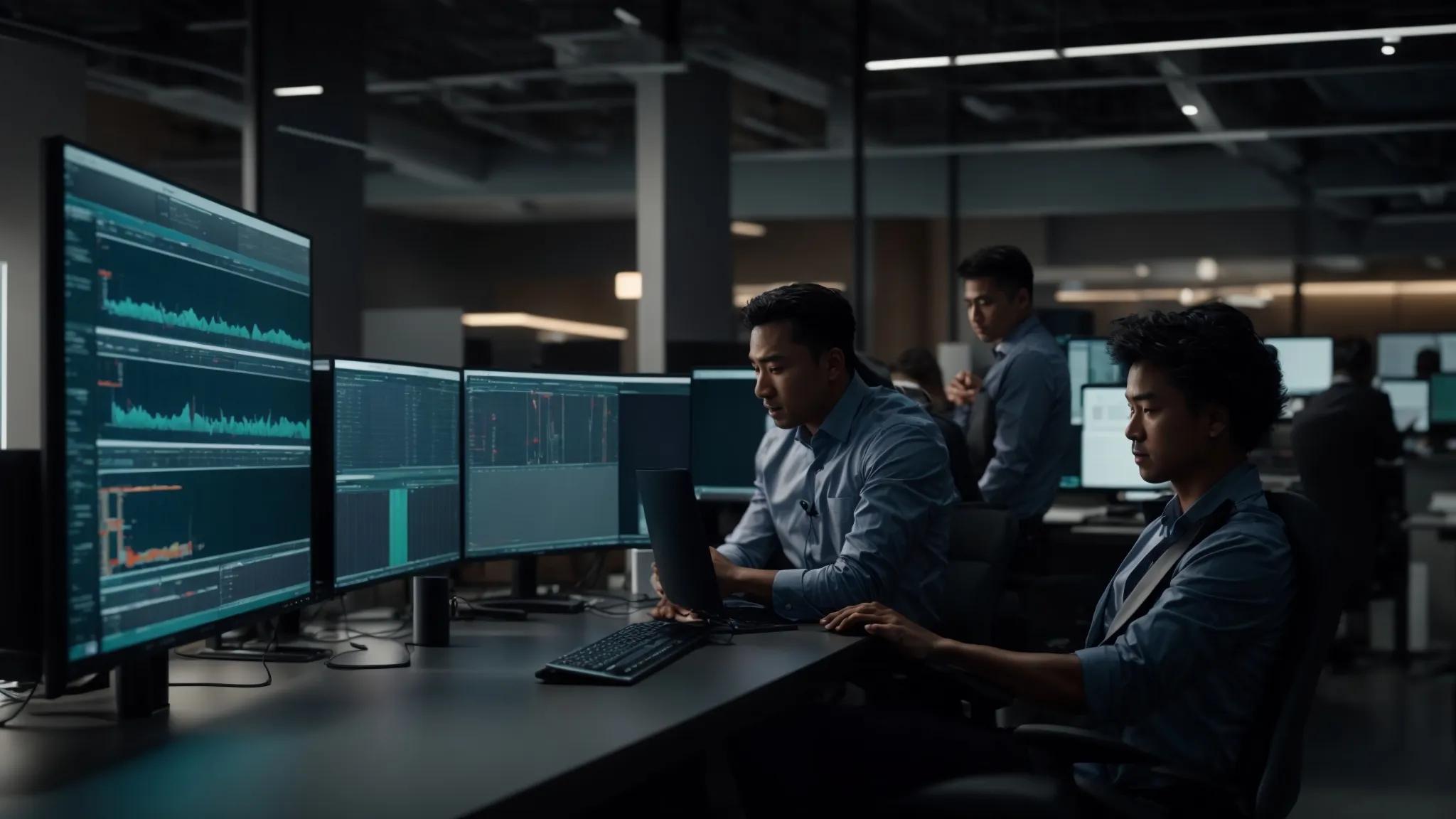 a dynamic office environment showcases a group of it professionals collaboratively troubleshooting network issues, surrounded by sleek servers and digital displays illustrating real-time analytics, emphasizing efficiency and teamwork in managing technology solutions.