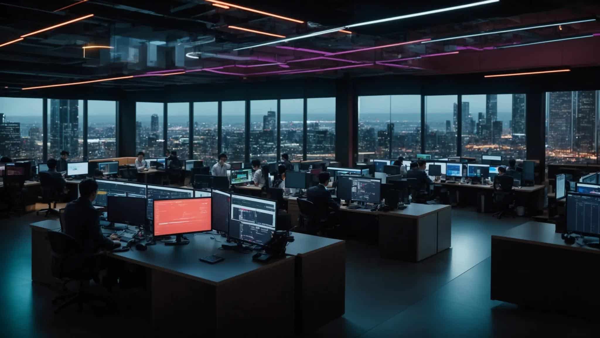 a dynamic office environment showcases a diverse team of it professionals collaborating around high-tech servers, illuminated by vibrant screens displaying data analytics, symbolizing the transformation of it from a cost center to a strategic asset in driving business growth and innovation.