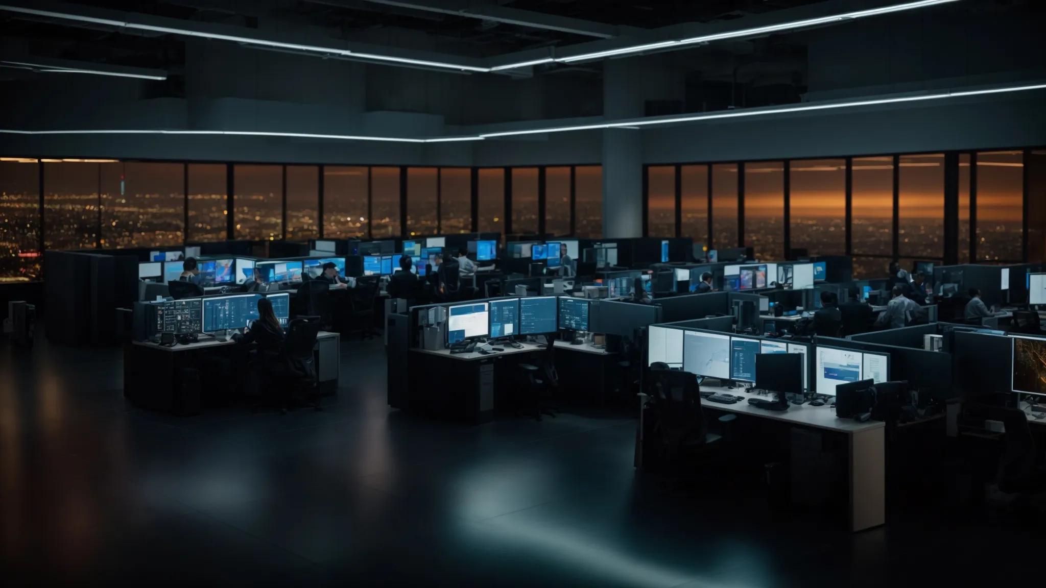 a dynamic office environment showcases it professionals collaborating around advanced server racks, illuminated by the glow of multiple screens displaying real-time cybersecurity analytics and system statuses, emphasizing their commitment to proactive vulnerability management and incident response.