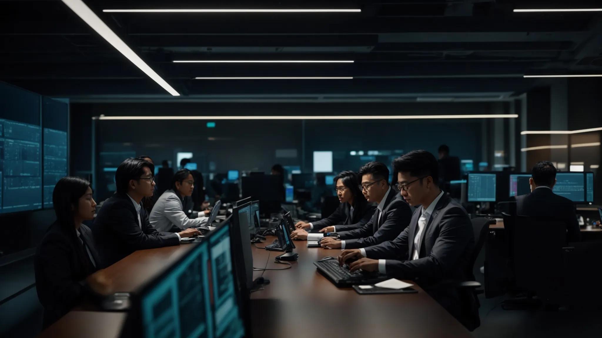 a dynamic office environment showcases a diverse group of it professionals engaged in a collaborative training session, surrounded by advanced servers and high-tech equipment, as they enthusiastically discuss cybersecurity strategies and system management practices under bright, focused lighting.