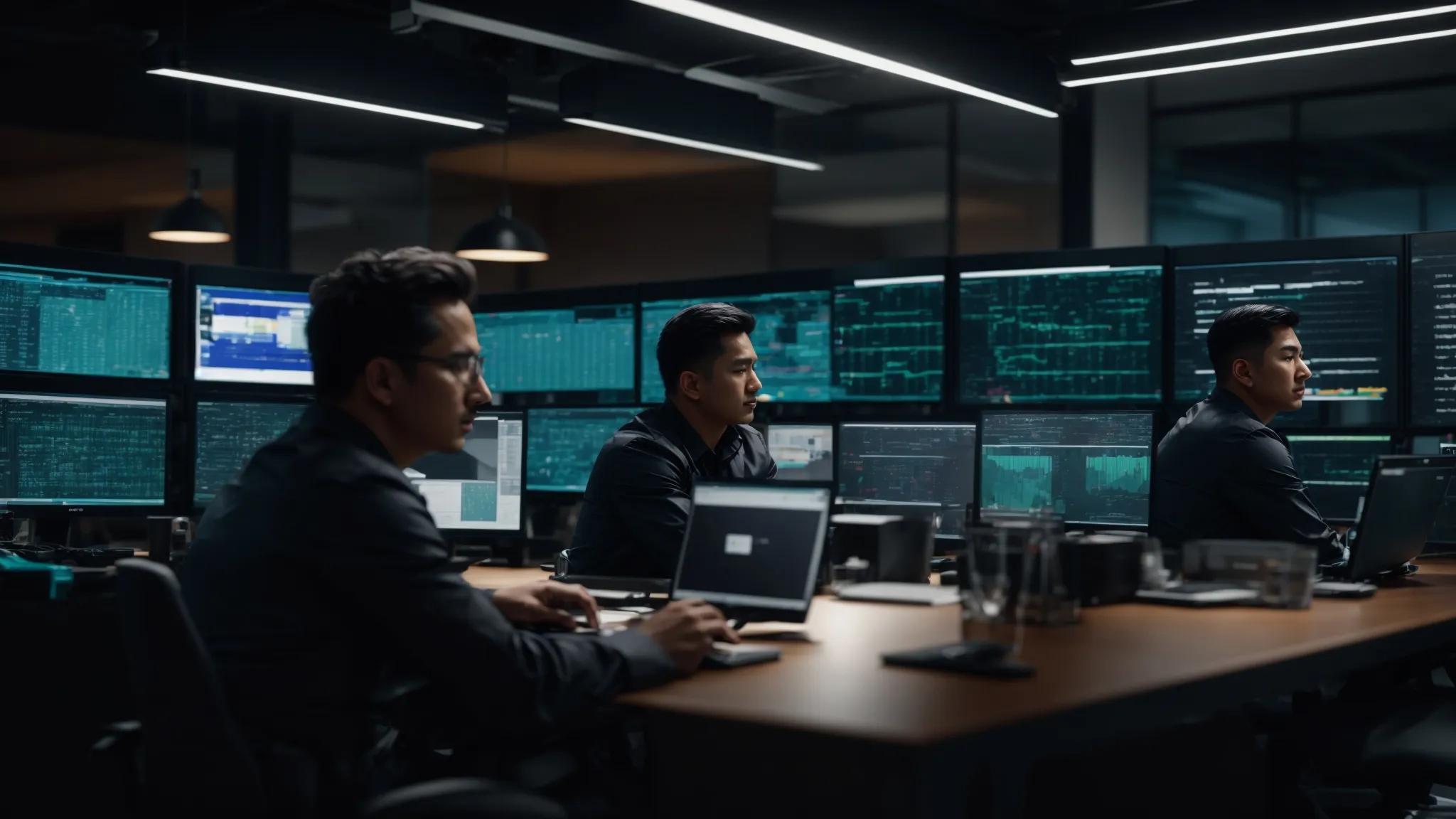 a dynamic office environment showcases it professionals collaborating around intricate server racks, intently discussing cybersecurity strategies while screens display real-time data and security alerts, highlighting the importance of personalized and efficient managed cybersecurity services.