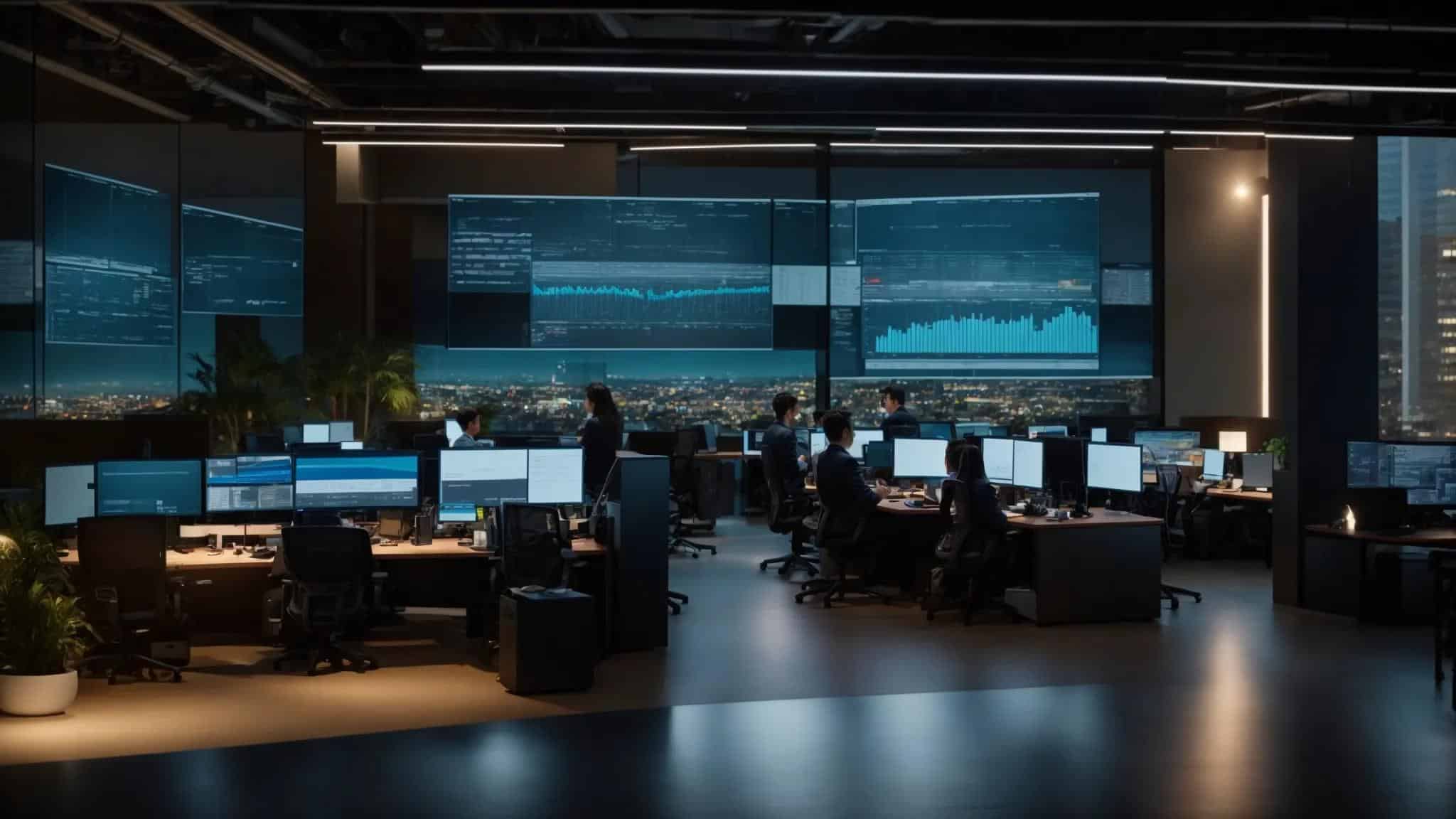 a dynamic office environment showcases it professionals intensely collaborating over a large digital screen displaying clear service level agreement metrics and response times, illuminated by the soft glow of ambient office lights, emphasizing the importance of efficient problem resolution in technology partnerships.