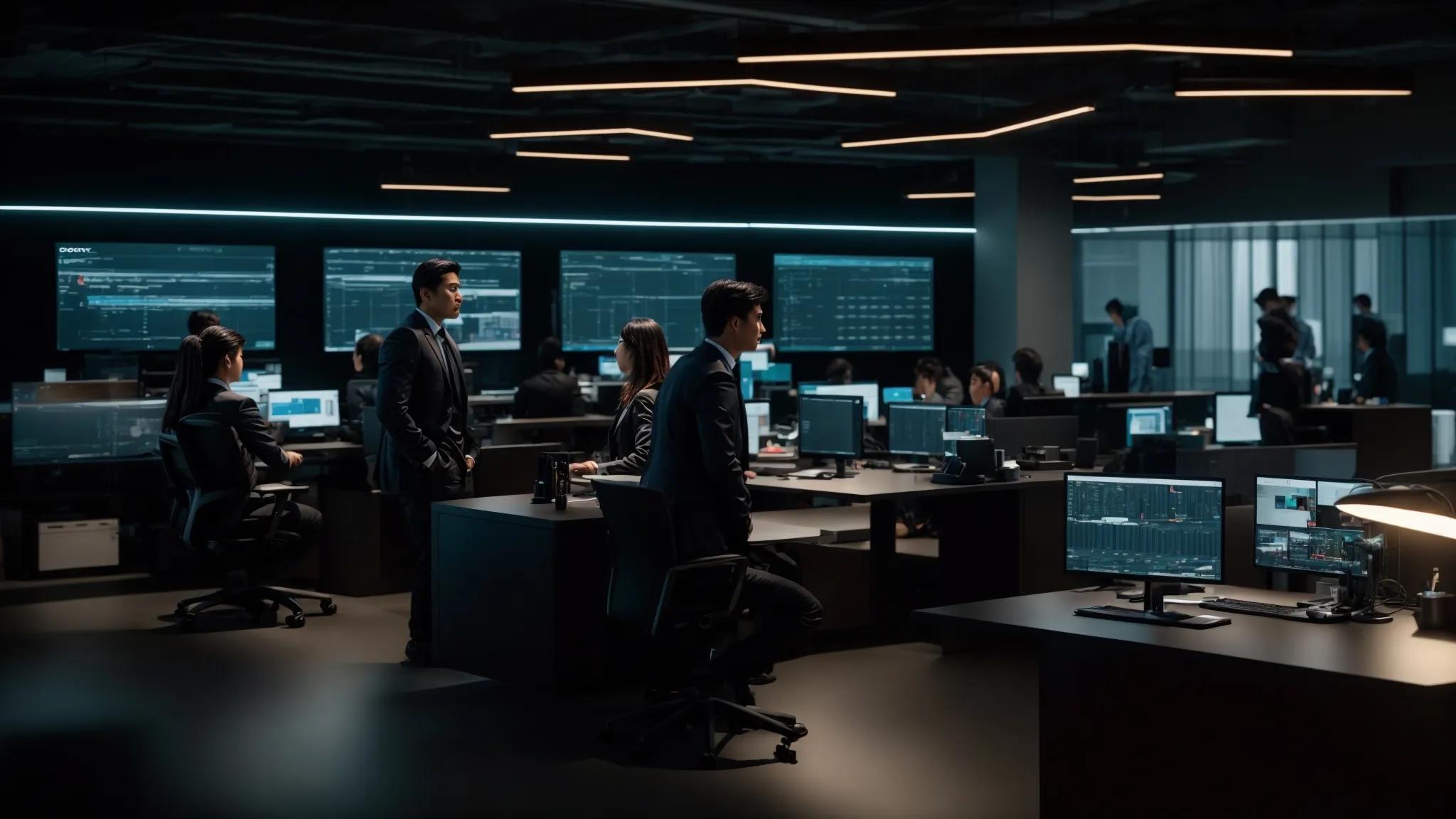 a dynamic office environment showcases it professionals engaged in a collaborative meeting, surrounded by sleek servers and cutting-edge technology, highlighting their strategic assessments of advanced cybersecurity solutions and msp capabilities.