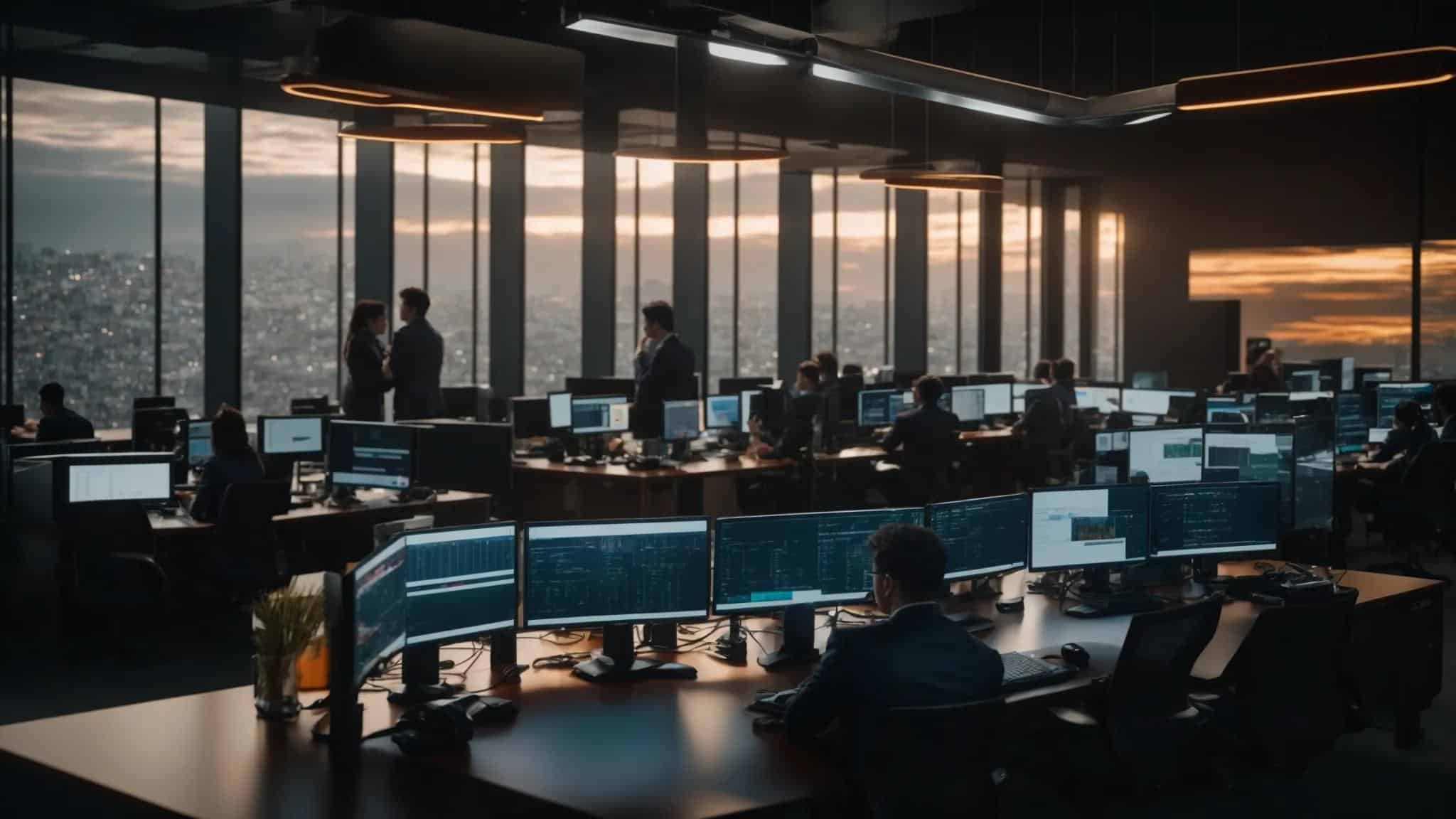 a dynamic office environment showcases it professionals collaborating over cybersecurity strategies, with sleek servers and digital security dashboards in the background, highlighting the crucial role of cyber risk management for local businesses.