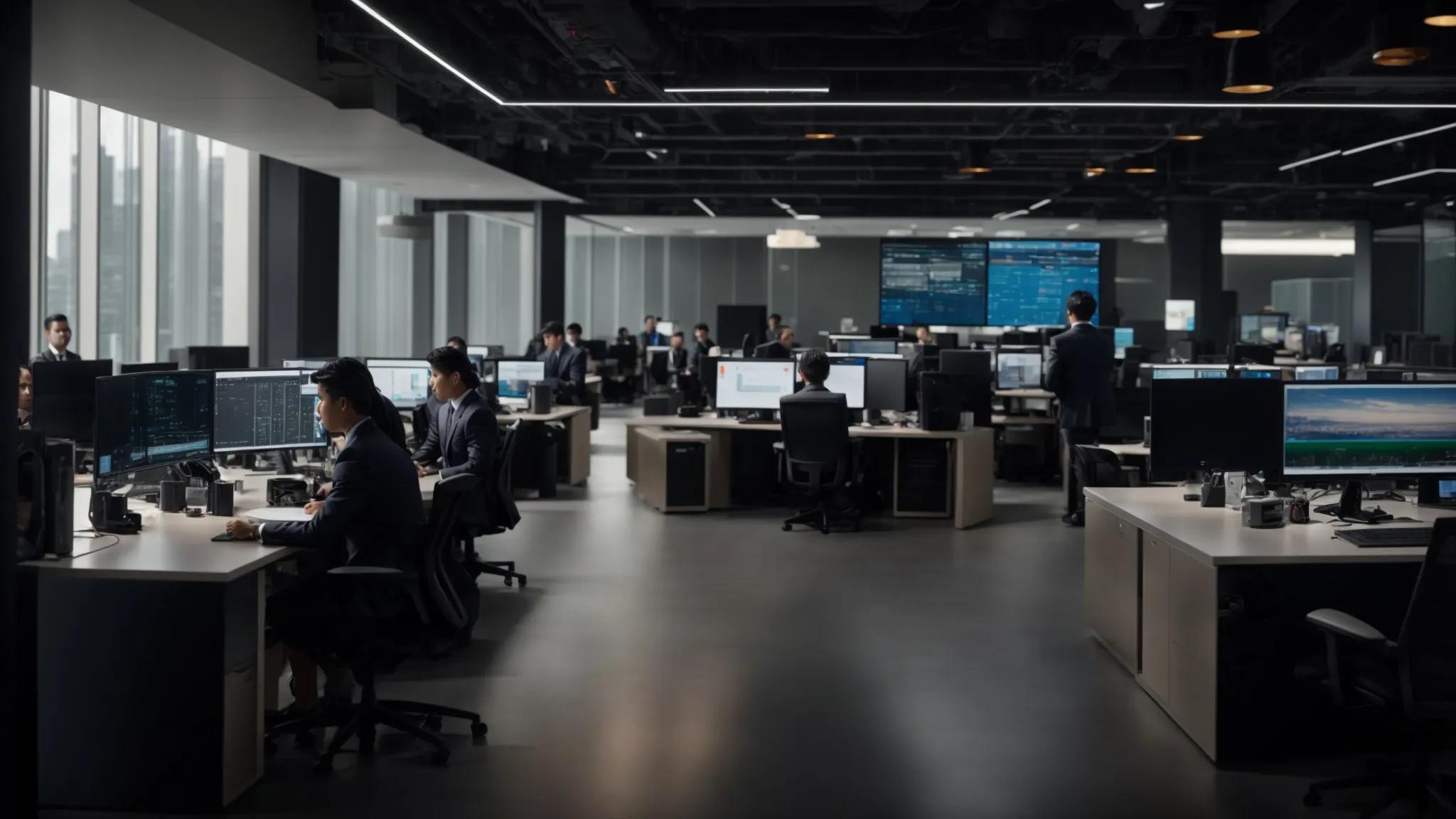 a dynamic office environment showcases a diverse group of it professionals collaborating around sleek workstations, surrounded by high-tech servers and digital displays, exemplifying the seamless integration of on-site and remote it support systems.