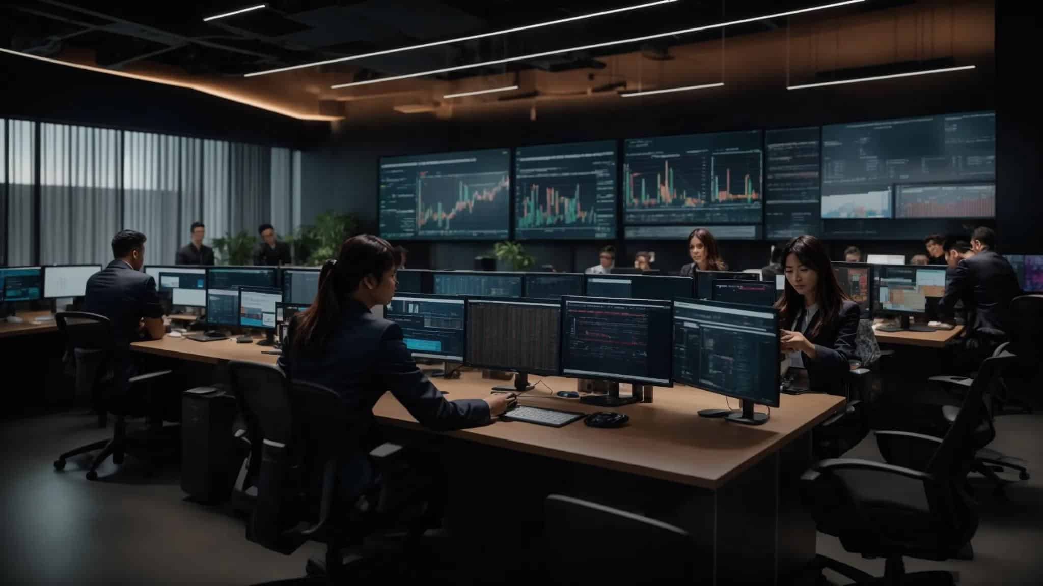 a dynamic office environment showcases a diverse team of it professionals collaborating over a detailed digital display of server performance metrics and cybersecurity strategies, with thoughtful expressions highlighting their focus on assessing business requirements for effective msp partnerships.
