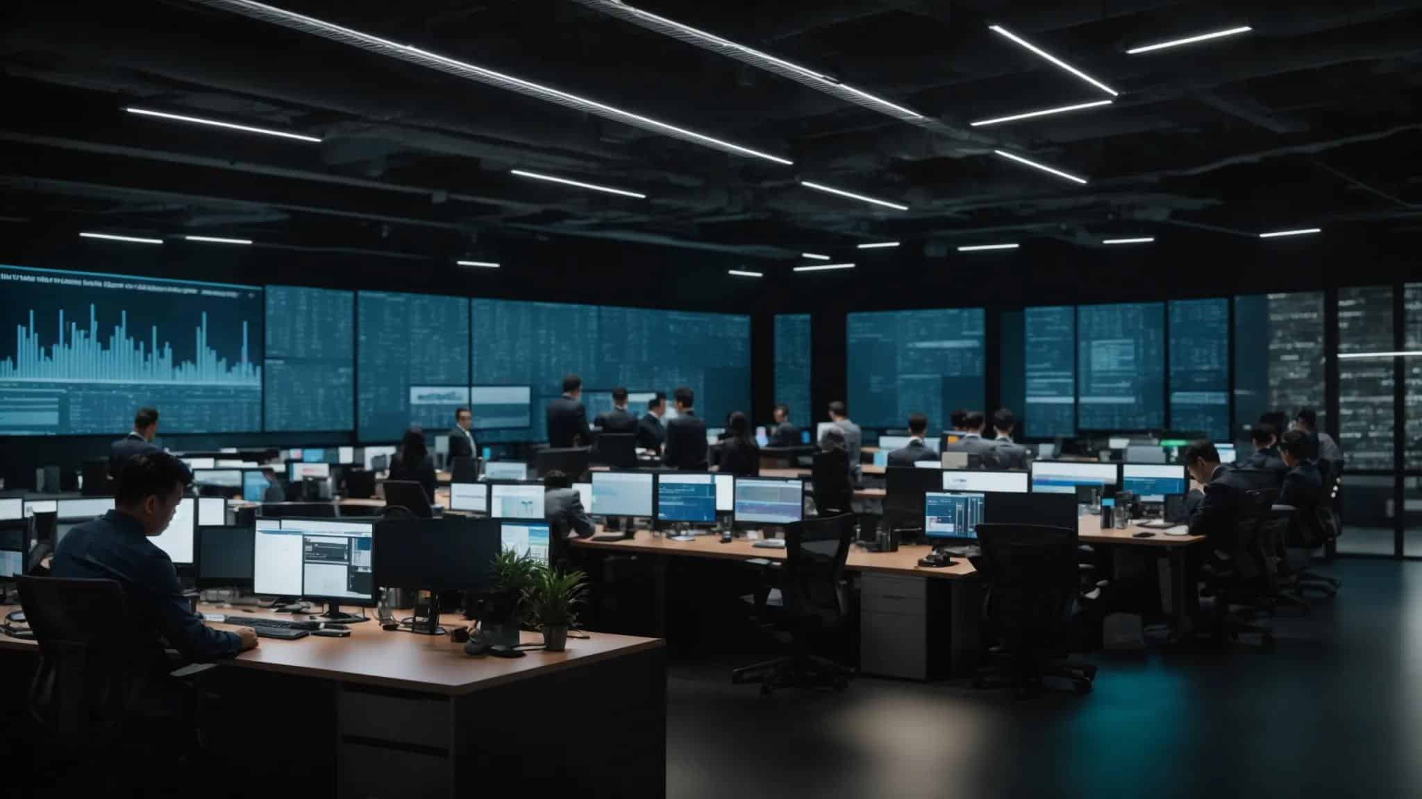 a dynamic office environment showcasing a diverse team of it professionals collaborating around sleek, modern workstations filled with advanced servers and multiple screens displaying real-time data analytics, emphasizing the integration of cloud computing and cybersecurity trends in managed services.
