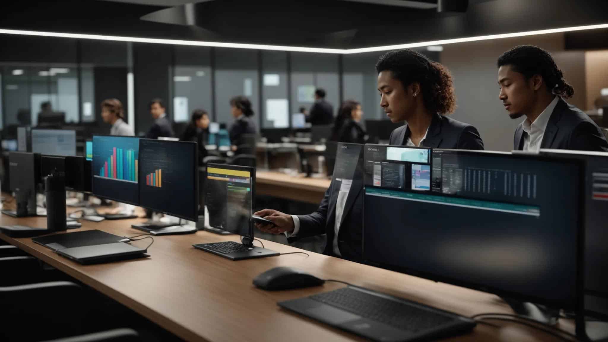 a dynamic office environment showcasing it professionals analyzing client feedback on sleek digital devices, surrounded by vibrant screens displaying vendor reputations and market insights, emphasizing collaboration and strategic decision-making in the tech industry.