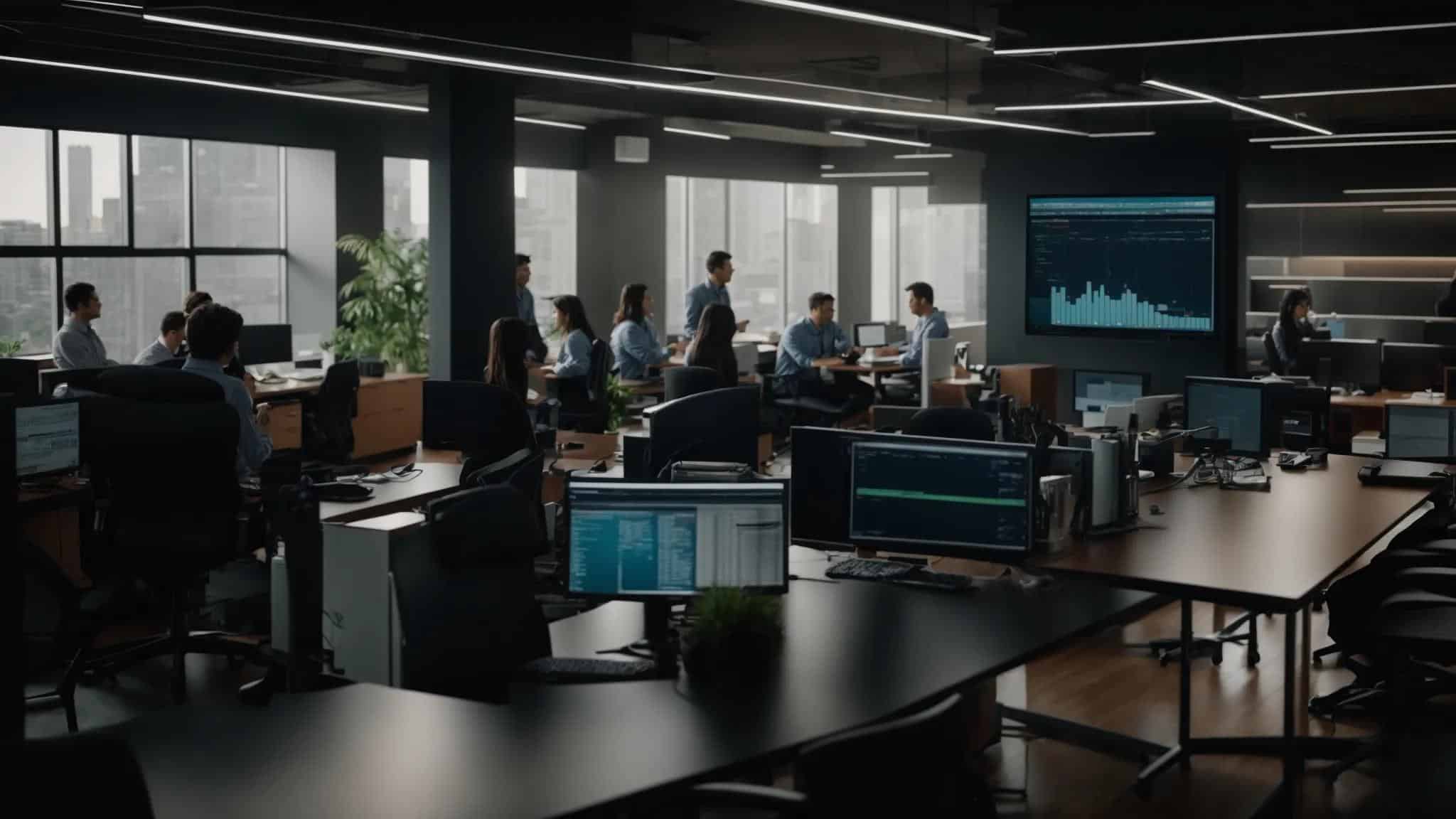 a dynamic office environment showcasing it professionals collaborating over server management, analyzing data on digital screens while discussing the financial implications of total cost of ownership for managed services.