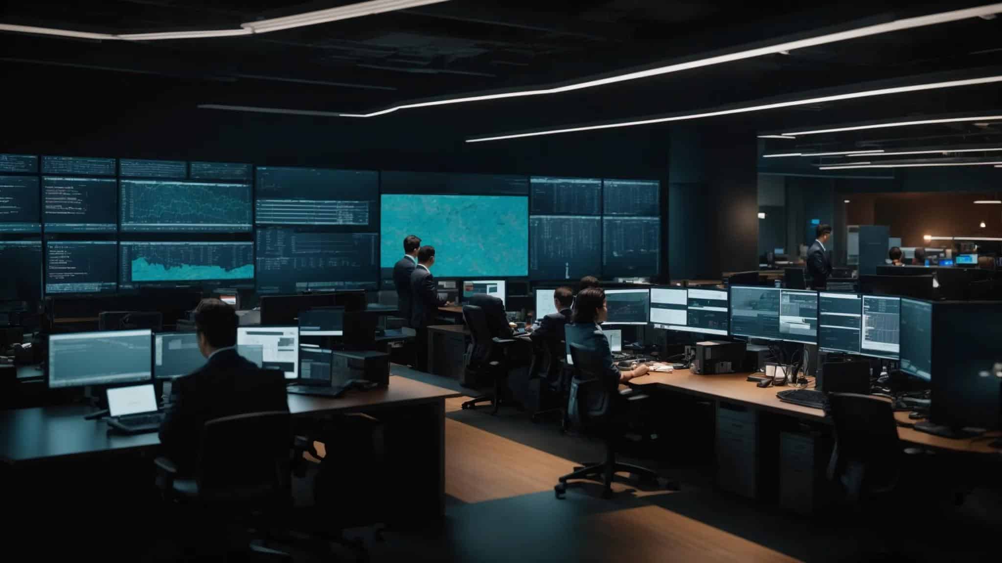 a dynamic office environment showcasing it professionals collaboratively analyzing complex data on multiple screens, surrounded by sleek servers and high-tech equipment, emphasizing innovation in proactive it support solutions.