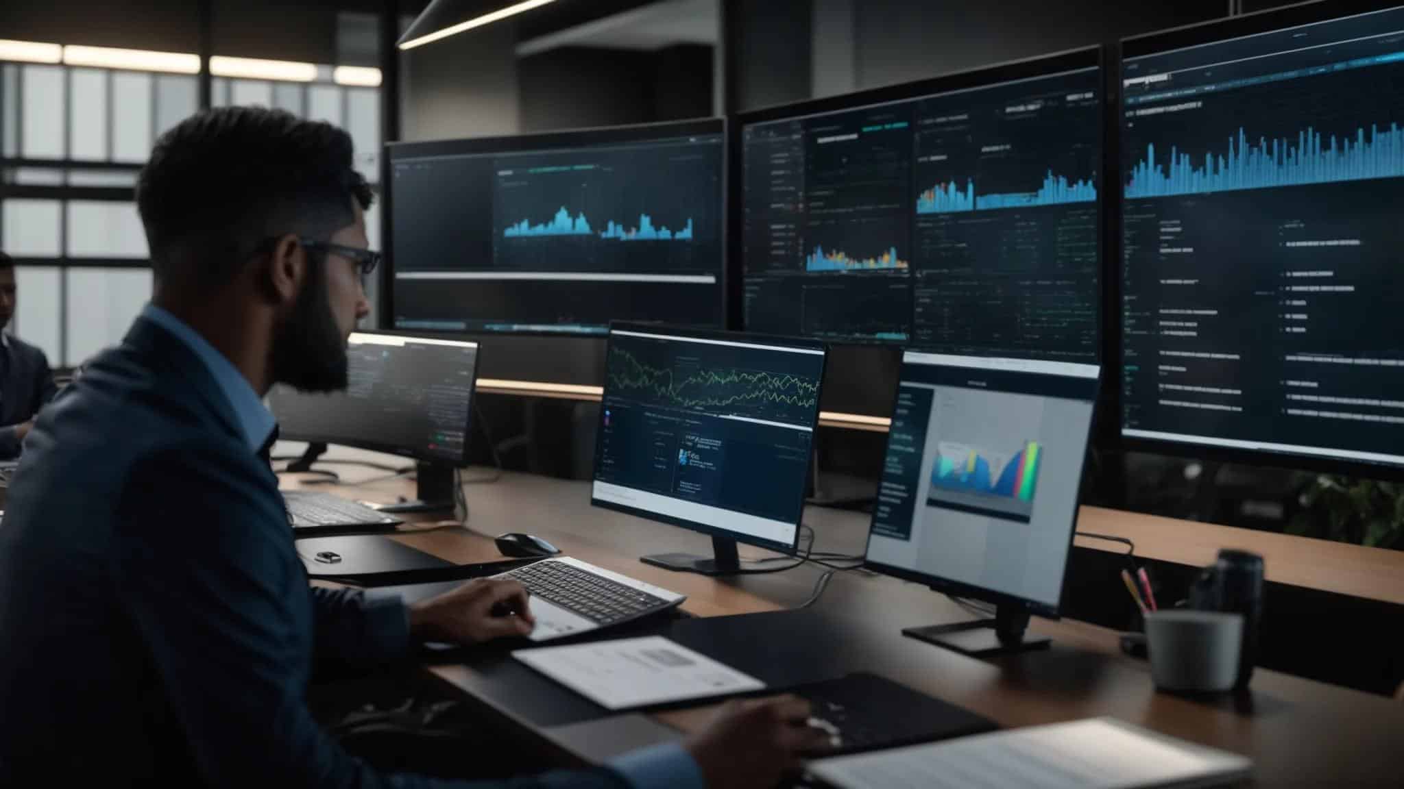 a dynamic office environment showcasing it professionals engaged in a collaborative discussion over a digital dashboard displaying server analytics, with sleek modern workstations and high-tech equipment emphasizing their expertise in managed services.