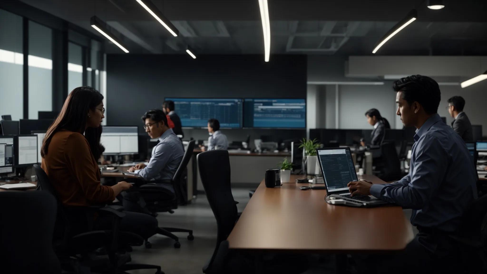 a dynamic office scene depicting a group of it professionals engaged in collaborative discussions around cutting-edge technology and complex server equipment, emphasizing the strategic elements of effective it support and cost optimization.