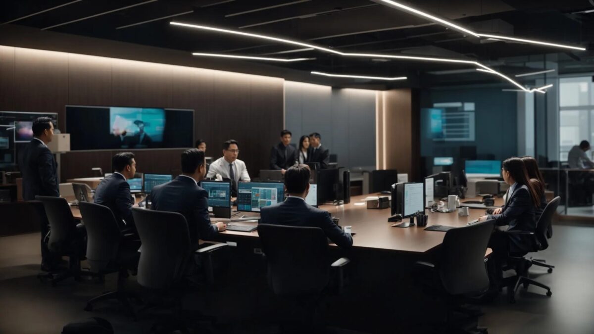 a dynamic office setting features it professionals engaged in a collaborative meeting around a sleek conference table, with multiple high-tech server racks visible in the background, highlighting the theme of selecting the best managed service provider.