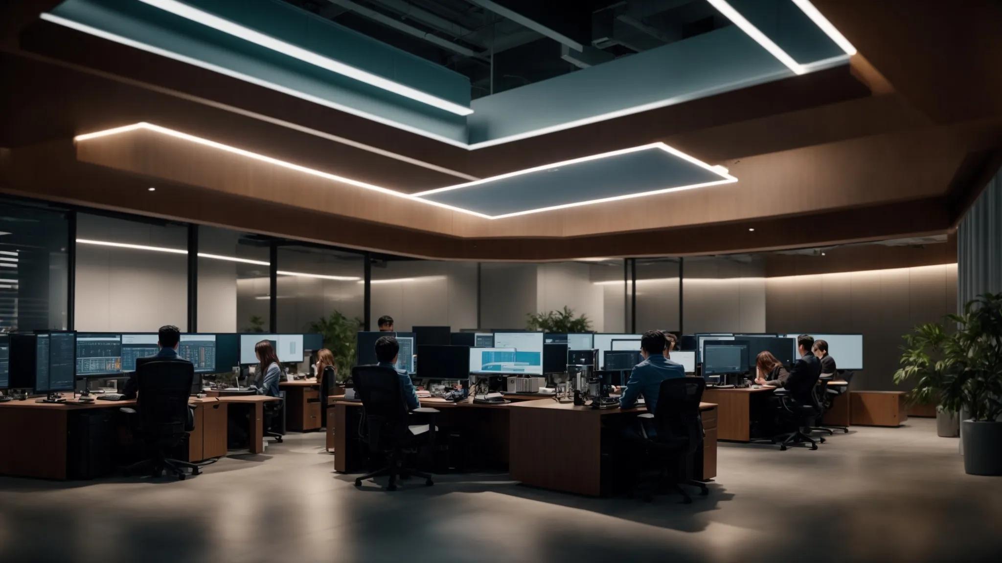 a dynamic office setting featuring a diverse team of it professionals collaborating over a network server, illuminated by sleek overhead lighting that highlights their focused expressions and the sophisticated technology surrounding them.