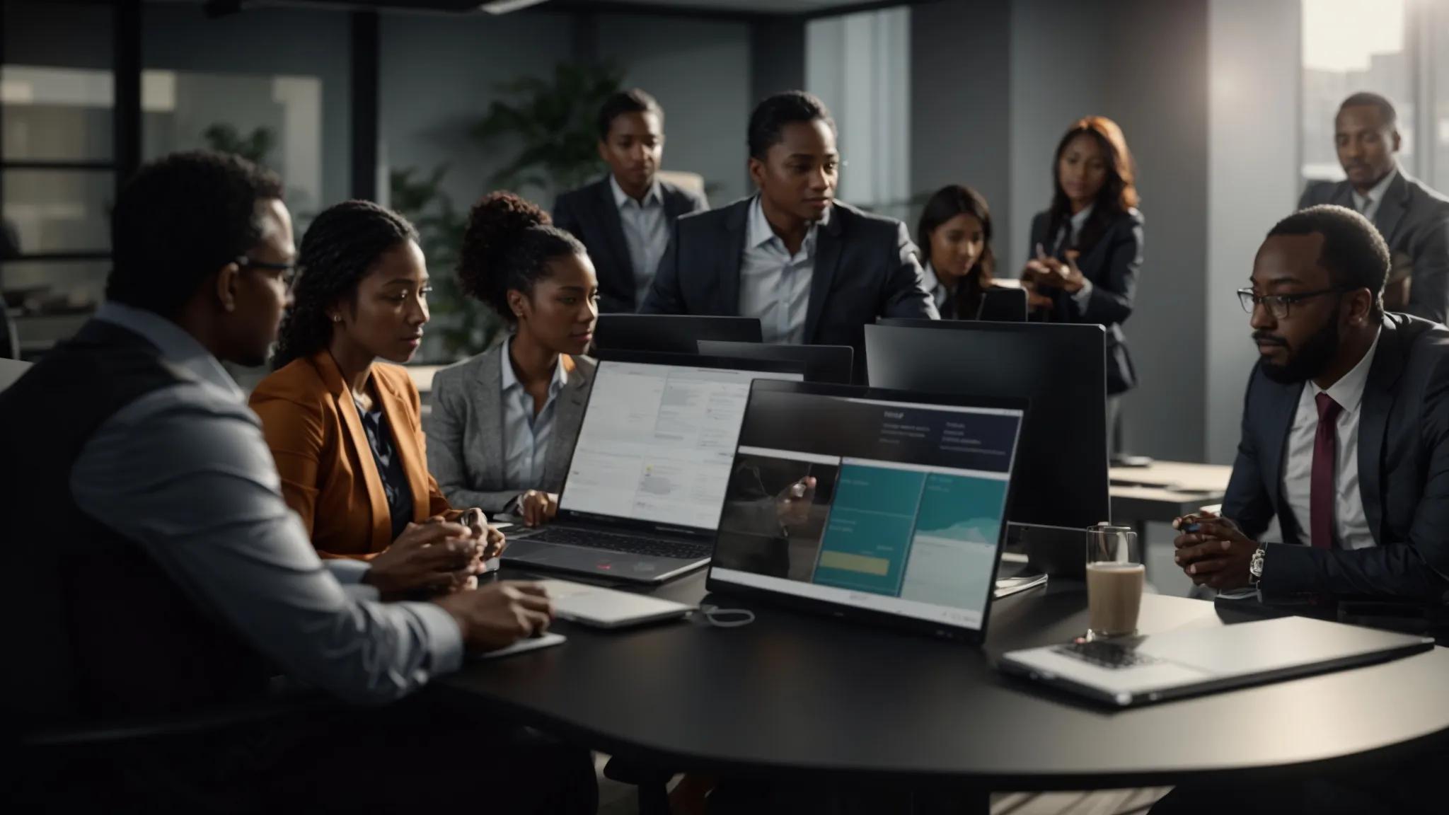 a dynamic office setting showcases a diverse team of it professionals engaged in a collaborative discussion around a central table displaying detailed provider proposals and digital devices, emphasizing the strategic refinement of the it partnership selection process.