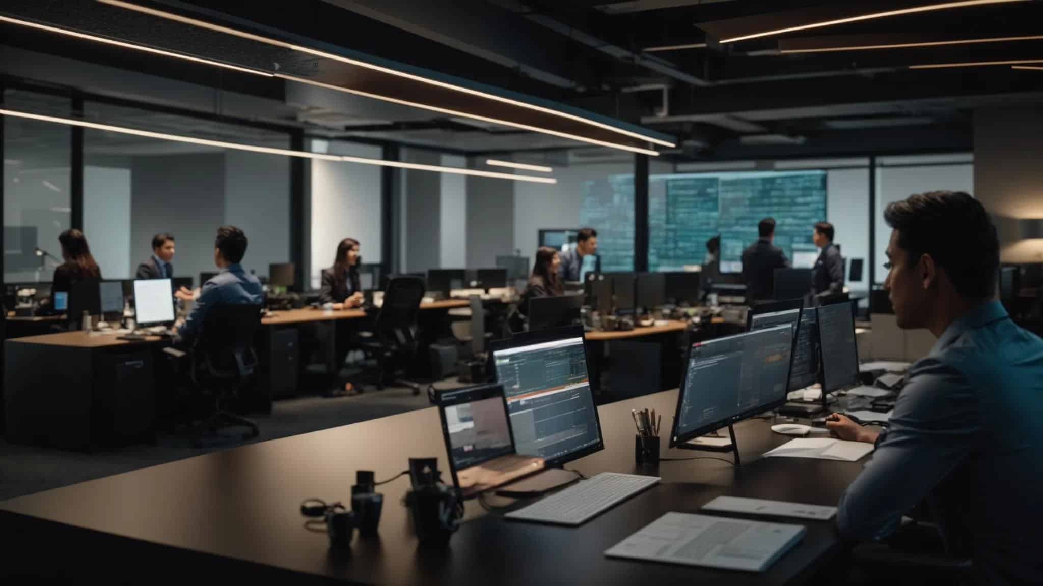 a dynamic office setting showcases it professionals engaged in focused discussions around servers and data displays, emphasizing collaboration and strategic decision-making in selecting managed service providers.