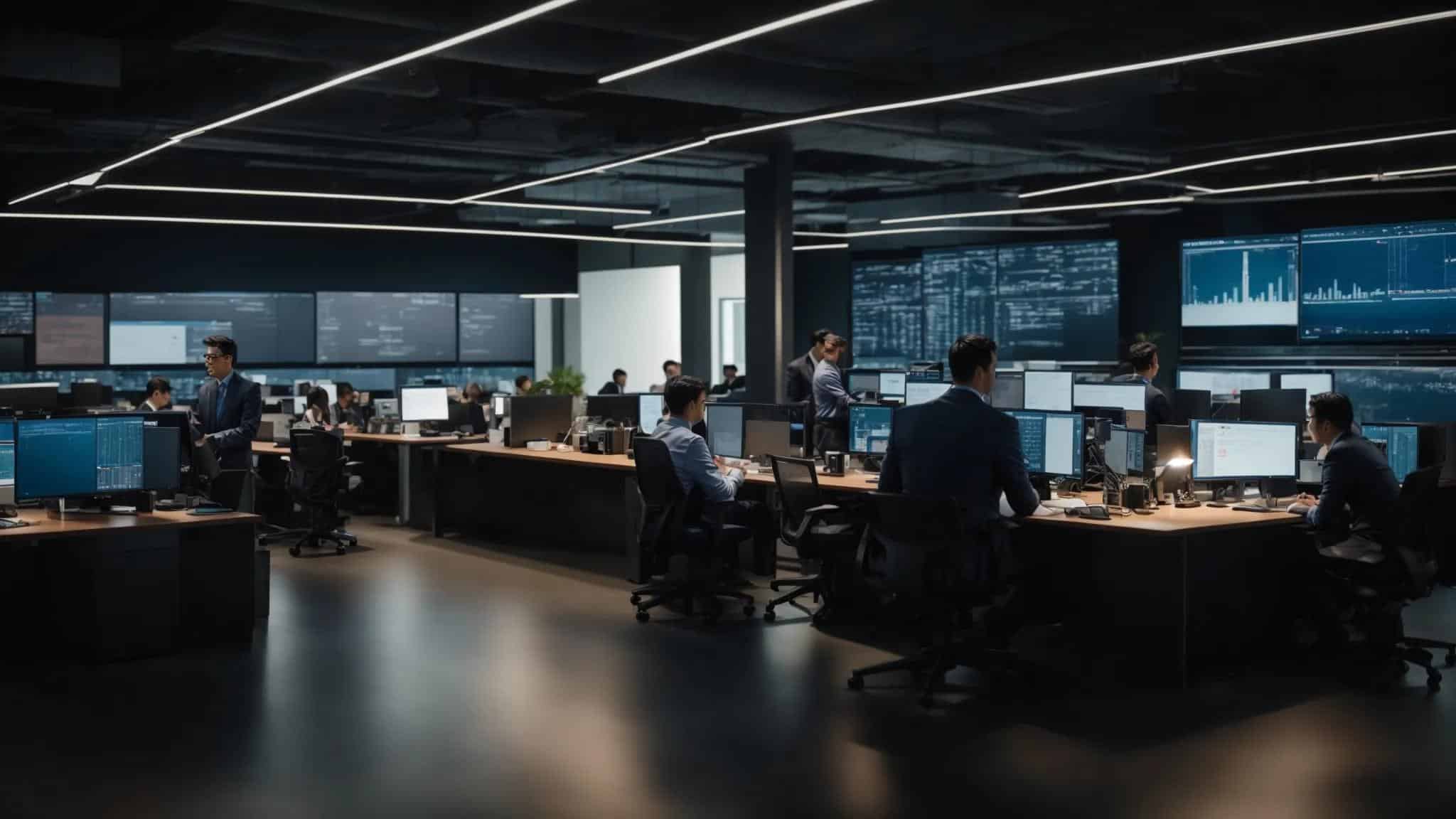 a dynamic office setting showcases it professionals engaged in collaborative discussions over a large digital display, analyzing various service contracts and technical options for tailored business it support.
