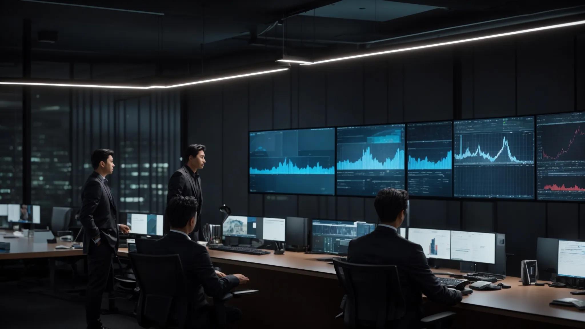 a dynamic office workspace featuring it professionals engaged in a collaborative meeting over complex server diagrams, illuminated by sleek, modern lighting that highlights a wall-mounted screen displaying a detailed breakdown of hidden it support fees.
