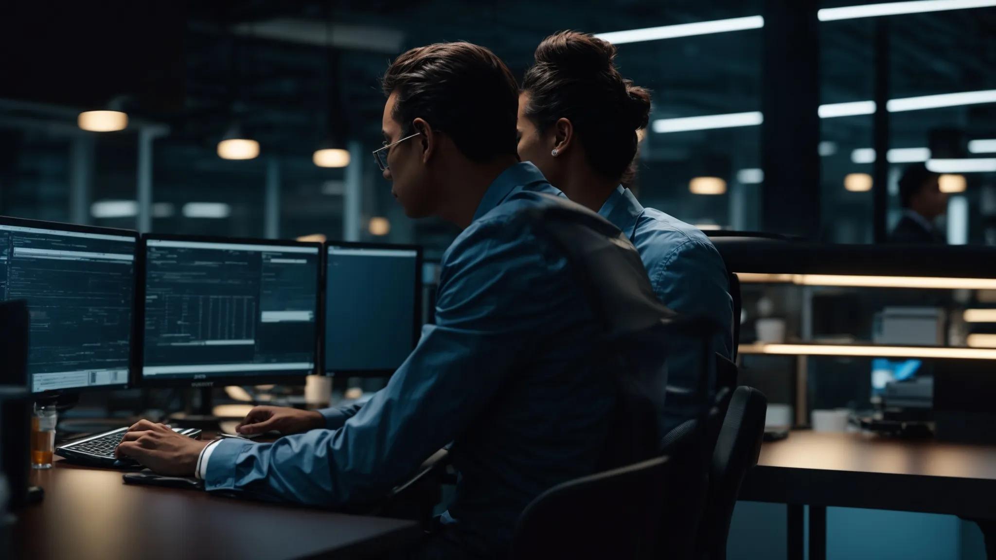 a dynamic urban office scene showcases a diverse team of it professionals collaborating around sleek servers and modern tech, illuminated by cool-toned artificial lighting, emphasizing their strategic discussions on enhancing operational efficiency and cybersecurity measures.